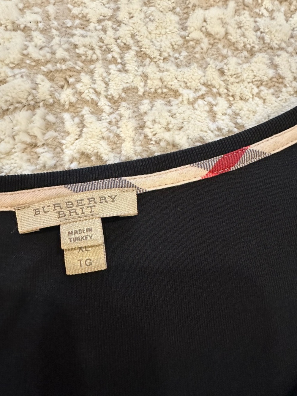 Burberry Brit Black 3/4 Sleeve Top Nova Check Cuffs Scoop Neck Stretch Tee XL - Picture 6 of 8